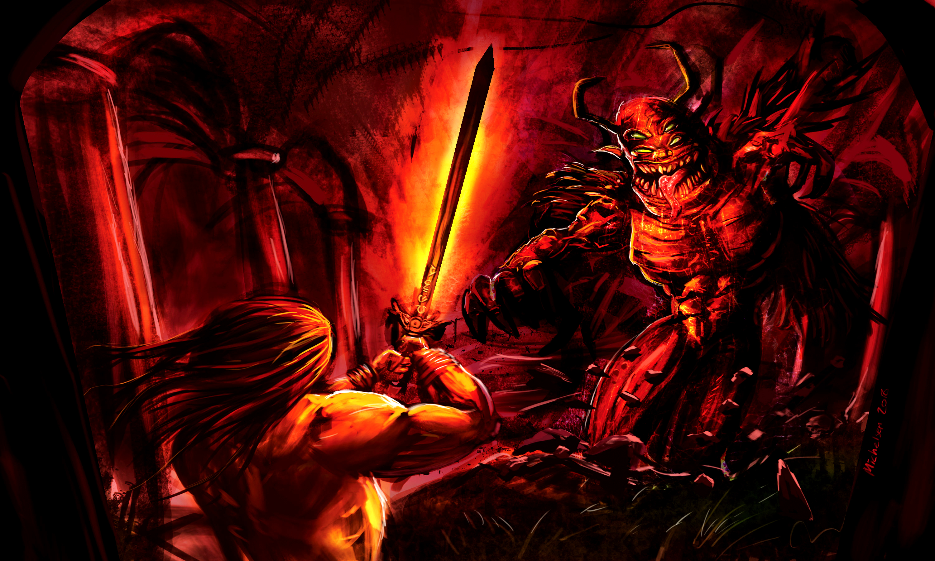warrior and demon - Original dark fantasy comic illustration by Bo T. K. Michelsen (Knight of Ink)